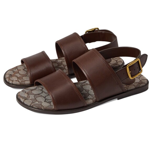 Coach Men Leather Two Strap Sandal Maple Brown Signature Jacquard Gold Size 9 D - Picture 1 of 13